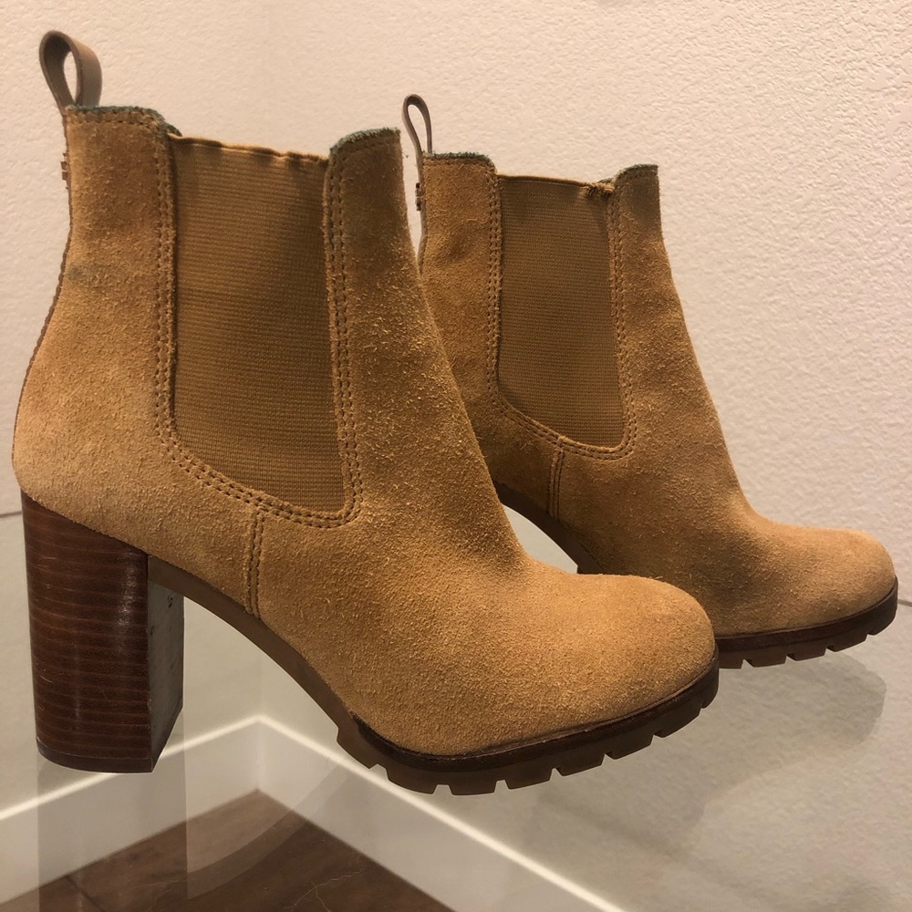 Tory Burch Camel Suede Block Heel Booties